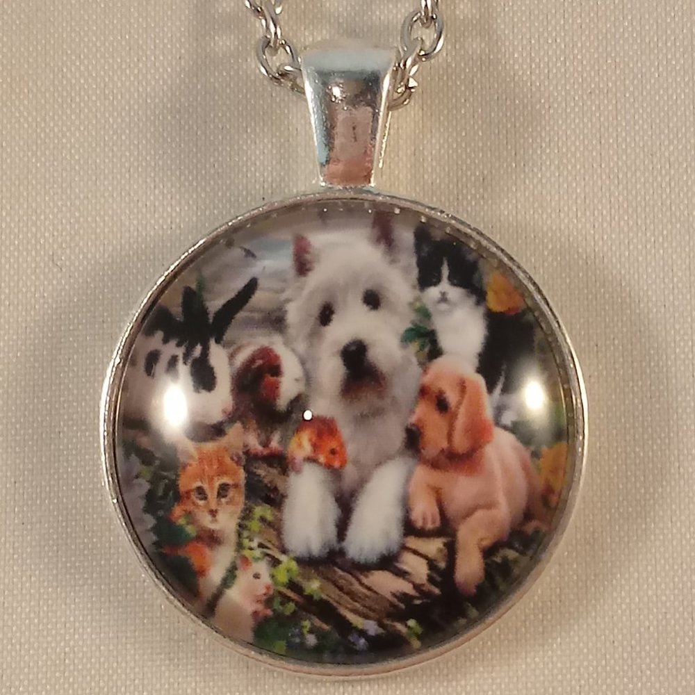 Silver Animal Dog Cat Bunny Rabbit Flower Cabochon Pendant Chain Necklace Gift